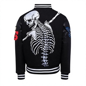 Chaqueta Varsity Gótica Negra para Hombre, Mangas de Cuero PU, Bordado de Esqueleto, Estilo Punk, Chaqueta Bomber de Otoño - Product Image 2