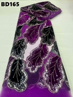 Tissu en dentelle de tulle avec appliques en velours de luxe, 100% polyester, perles et paillettes brodées, pour robe de mariée africaine, robe de soirée