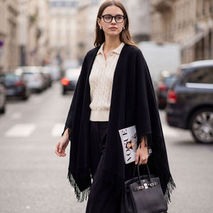 Damen <span class=keywords><strong>Poncho</strong></span> mit Fransen, 100% reine Wolle, offener Strickumhang, Quastendecke, Schal, Mantel – Fabrik-Großhandel - Product Image 2