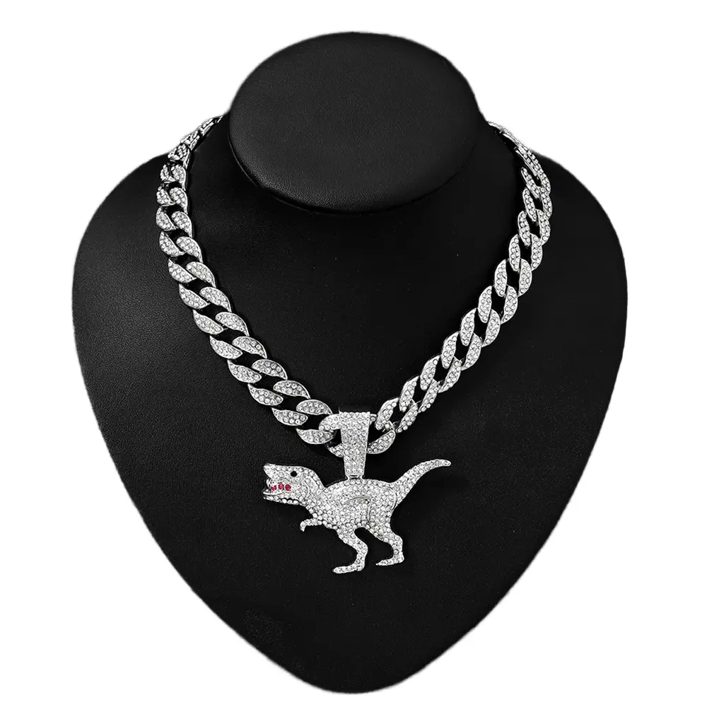 Herren Damen Iced Out Miami kubanische Kette mit Dinosaurier-Anhänger silber Goldkragen Halskette Herren feiner Schmuck