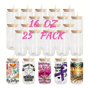 Verre à boisson personnalisé de 16 oz, transparent dépoli, type Mason Jar, vierge pour sublimation, avec couvercle et paille, pour vin et bière - Product Image 1