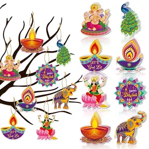 Happy Diwali Party Hanging Ornaments Decorations Diya Lighting Paper Hanging Tags India Festival Diyas Hanging Ornaments