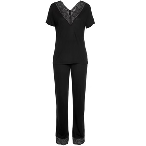 Conjunto <span class=keywords><strong>de</strong></span> Pijama para Mujer con <span class=keywords><strong>Top</strong></span> <span class=keywords><strong>de</strong></span> Manga Corta con Cuello en V y Encaje Negro y Pantalones Largos, Ropa <span class=keywords><strong>de</strong></span> <span class=keywords><strong>Dormir</strong></span> Elegante y Suave <span class=keywords><strong>de</strong></span> Modal, Ropa Cómoda para Estar en Casa - Product Image 1