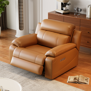 โซฟาปรับเอนไฟฟ้าสุดหรูหราทันสมัย สีส้ม หนังแท้ พร้อมโต๊ะพับเก็บได้ ช่องเสียบ USB ที่ชาร์จแก้ว และระบบ Zero Wall - Product Image 5
