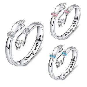 Silver Plated Pink Diamond Valentines Friendship Always With You Love Hug Ring Opening Adjustable Hands Hug Ring for Women