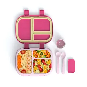 Bentfun Free Food Contact Safe Grade Pink Lunch Box For Children With Removable Divider Sauce Box And Cutlery Set On The Go