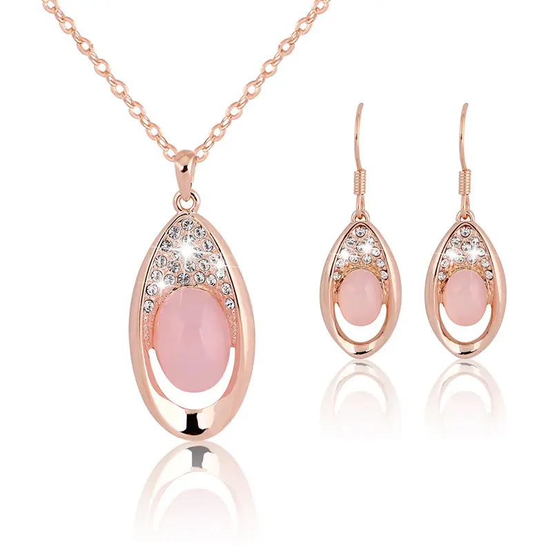 Wholesale Fashion Jewelry Set Pink Crystal Alloy Necklace Earrings Accessories Rose Gold Women's CLASSIC Flower 5 Sets 15g