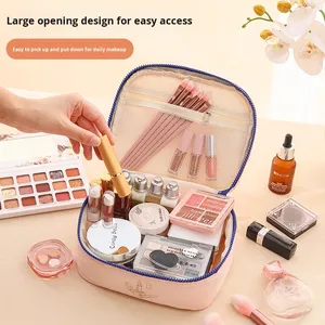 กระเป๋าใส่เครื่องสำอางแบบพกพา ผ้าฝ้ายเนื้อนุ่ม สีพื้นเรียบง่าย สดใส ใช้สำหรับเดินทาง ใส่เครื่องสำอางและผลิตภัณฑ์บำรุงผิว - Product Image 2