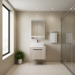 Meuble-lavabo mural en chêne blanc de 24 pouces au design moderne avec vasque en céramique, porte à fermeture douce et miroir inclus - Product Image 2