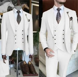 Nouveau costume trois pièces pour <span class=keywords><strong>homme</strong></span> de fabrication chinoise, <span class=keywords><strong>bleu</strong></span> uni, à revers plat, pour usage quotidien et formel, comprenant veste, pantalon, à <span class=keywords><strong>carreaux</strong></span> et à pois - Product Image 6