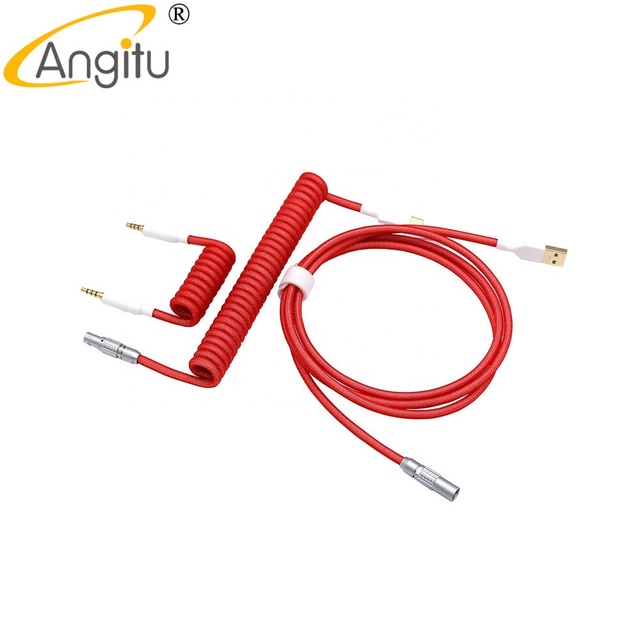 Angitu OB Aviator Double Sleeved Coiled USB Cable to Type C+TRRS Mechanical Keyboard Split Coil Cable
