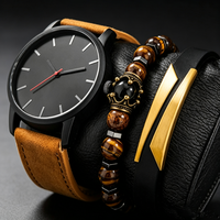 Ensemble de montres minimalistes pour homme, 3 pièces, cadran noir mat, bracelet en daim avec bracelet en œil de tigre et bracelet à accent doré pour un style urbain