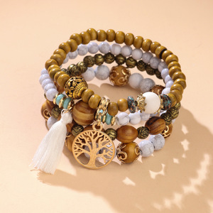 Bohemian Style Multi Layered Wooden <b>Bead</b> Bracelet <b>Set</b> Tree Of Life Charm Elastic Unisex Jewelry Yiwu Origin - Product Image 3