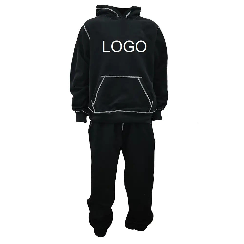 Aangepaste Print Logo Heren Casual Oversized Hoodies En Joggingbroek Set Contraststeek Effen Sweatsuit Katoenen Sport Trainingspak