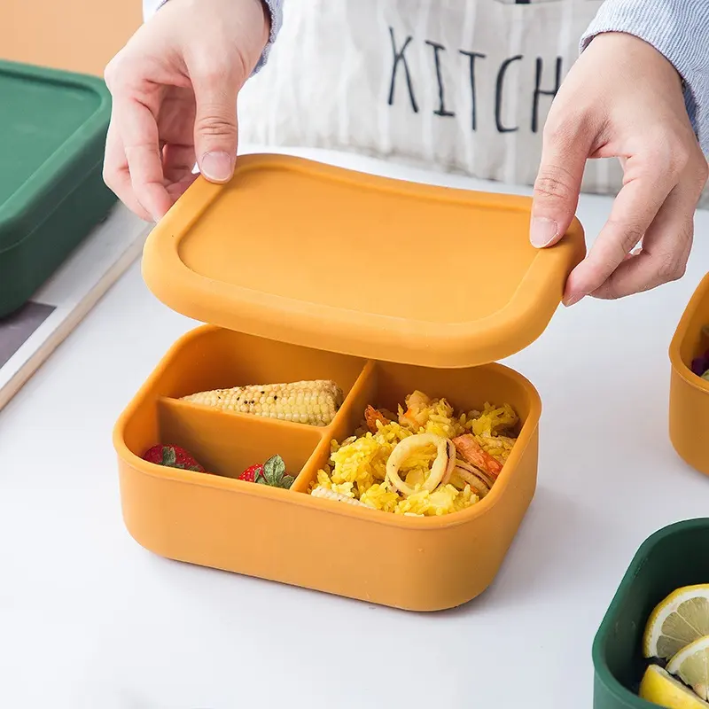 Bento-fiambrera de silicona sellada, contenedor de almacenamiento de alimentos para bebés, niños y adultos, con 3 compartimentos, para acampada