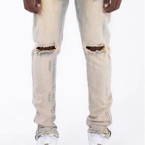 Jeans en denim skinny droit déchiré et délavé foncé, style vintage hip-hop pour hommes, faible MOQ personnalisé, streetwear été automne - Product Image 1