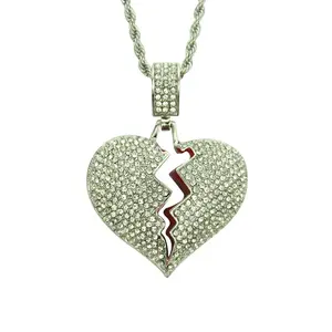 Iced Out Pendant Broke Heart Alloy Hip Hop Iced Out Necklace Full Diamond Heartbroken Shape Pendant Hiphop Necklace Jewellery