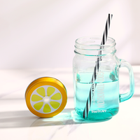 Bouteille en verre Mason de 500 ml avec logo personnalisé, couleur dégradée, avec poignée et couvercle avec trou pour paille, pour jus, thé au lait, boissons froides