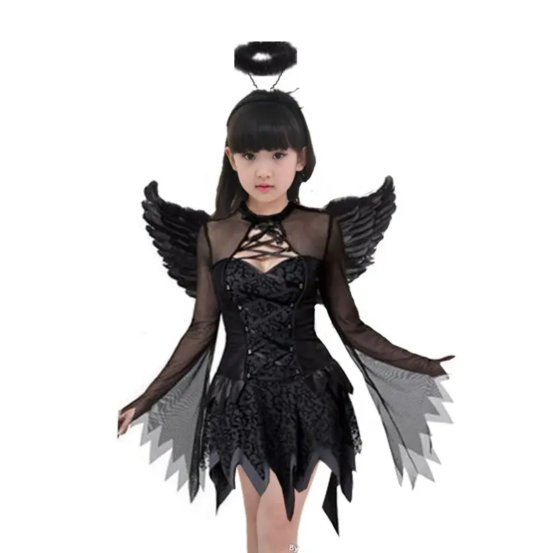 Disfraces de Halloween de lujo para niños, lindo vestido de Ángel negro, vestido de fiesta para niñas con ala negra