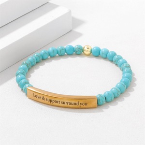 Bracciale all'ingrosso in acciaio inossidabile con ametista e turchese, incisione 'Love Support Surround You', ispirazionale, religioso, con messaggio di fede - Product Image 2