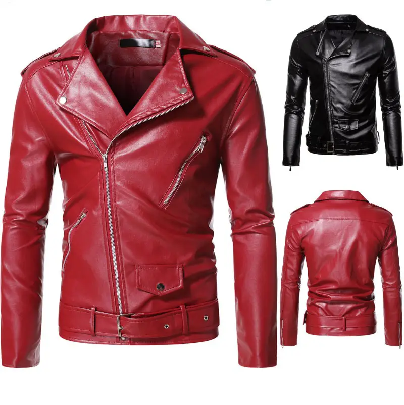 Red Motorbike Leather Jackets Men Vintage Motorcycle Stylish Biker Jacket Lapel Asymmetric Zip-Up Slim Fit Faux Leather Jacket