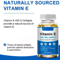 Cápsulas de Gel Suave de Vitamina E Antioxidante Soluble en Grasa, 400 UI de Potencia, Botella de 60 Unidades, Cuidado Nutricional Diario Celular y de la Piel para Adultos