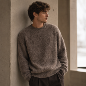 Pull Ras du Cou <span class=keywords><strong>Homme</strong></span> en Mohair Brossé 7GG, Style Lourd et Moelleux, Broderie Décontractée, Tricot Ample - Product Image 3