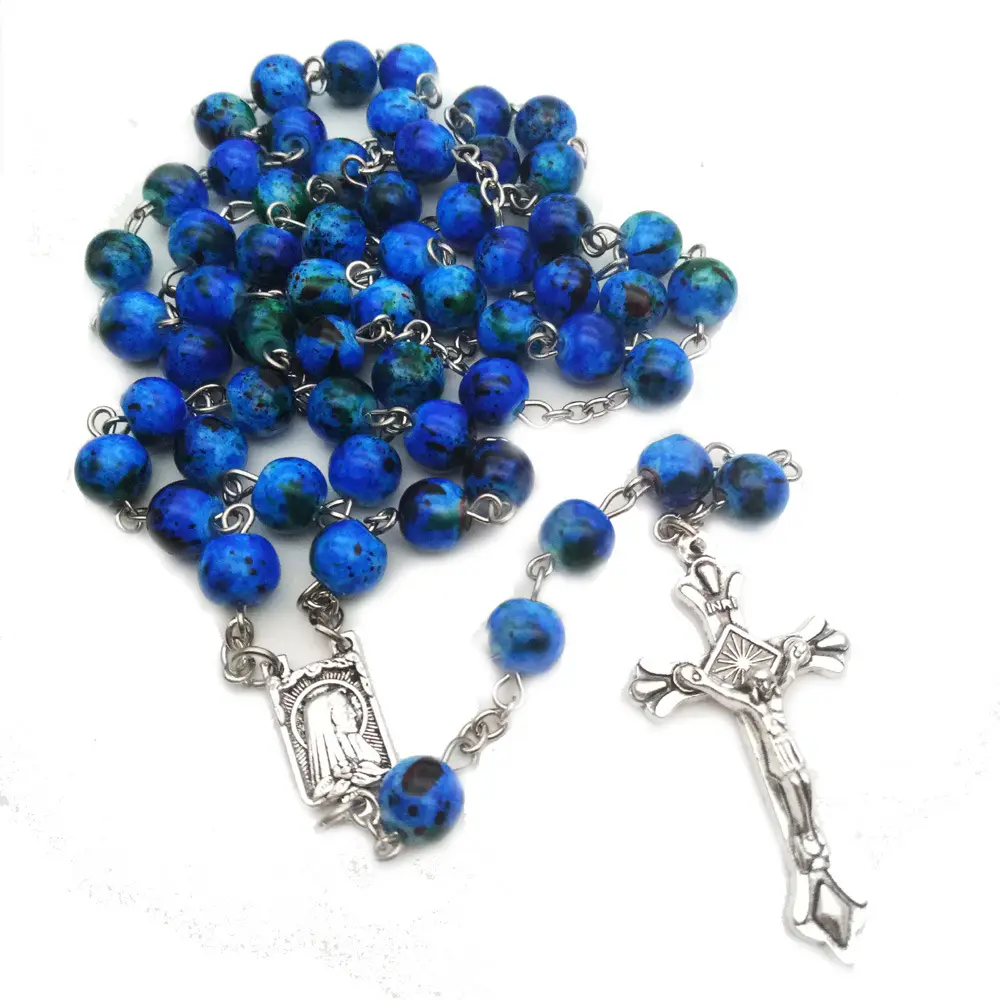 2022 Hot Holy Catholic Blue Glass Crystal Beads Rosary Necklace With Sliver Jesus Cross Christ Maria Necklace