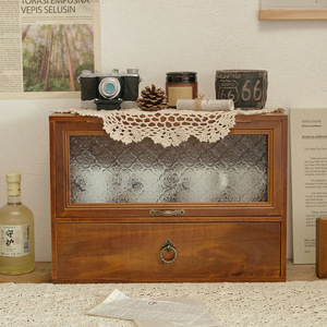 Caja de almacenamiento retro para escritorio, gabinete de madera maciza con cajones y puerta de vidrio para exhibir cosméticos y té - Product Image 5