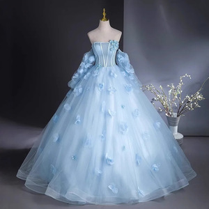 Light Blue Ball Gown Wedding Dress Strapless Empire Waist Tulle Floral Print Chic Bridal Gown - Product Image 1