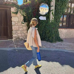 Camisas con cordones y lazo a rayas para mujer, blusa informal sin mangas con cuello levantado plisada, Tops de <span class=keywords><strong>calle</strong></span> alta para mujer de primavera 2024 - Product Image 4