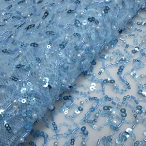 NI.AI 2024 новые красивые небесно-голубые кружевные ткани с полными блестками высокого качества во всем мире блестки французское для свадебного платья LY2996