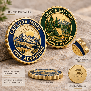 Pièces commémoratives personnalisées pour activités de plein air, motifs camping en montagne, dorées, souvenirs de randonnée personnalisés, cadeaux OEM ODM - Product Image 3
