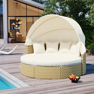 Ensemble <span class=keywords><strong>de</strong></span> canapé modulable rond <span class=keywords><strong>de</strong></span> luxe moderne et durable en rotin tressé bicolore avec auvent rétractable pour <span class=keywords><strong>jardin</strong></span> extérieur - Product Image 2