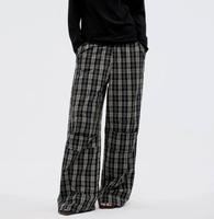 Pantalon cargo décontracté vintage à carreaux noirs, coupe large, taille haute, ample, avec poches cargo, tissé, style streetwear pour femme
