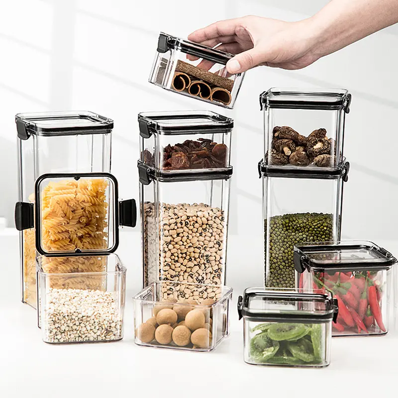 Different Capacity 460/1800ML Clear Square Sealed Cans Airtight Kitchen Transparent Food Container Storage Box Plastic With Lids