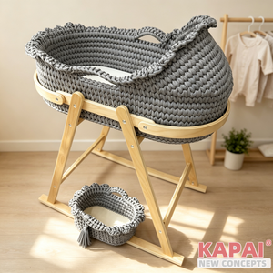 <strong>Grey</strong> Hand Woven Baby Bassinet <strong>Moses</strong> <strong>Basket</strong>, Rockable Wooden Stand, Portable Newborn Sleeping Cradle - Product Image 1