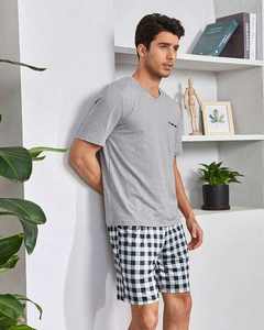 Shorts a quadri e T Shirt a maniche corte morbido Set loungwear con tasche in <span class=keywords><strong>cotone</strong></span> bambù pigiami da notte da <span class=keywords><strong>uomo</strong></span> - Product Image 3