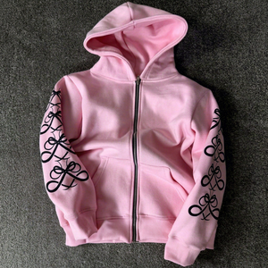 Sweat-shirt rose à capuche zippé avec imprimé Ambition et motif lettres sur les manches, unisexe, décontracté, en polaire, pour l'automne - Product Image 1
