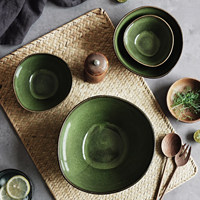 Bol à riz en céramique rétro, vert, irrégulier, au design mignon, compatible micro-ondes, couleur sous-glaçure, pour hôtels et restaurants, soupe et nouilles