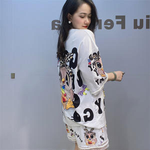 यूरोपीय अमेरिकी महिला ट्रेंडी टू-पीस सेट ग्रीष्मकालीन मुद्रित कार्टून लघु आस्तीन टी-शर्ट शॉर्ट्स ढीली पोशाक b0147 - Product Image 2