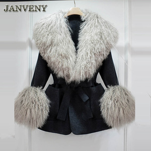JANVENY Cappotto Ampio Invernale da <span class=keywords><strong>Donna</strong></span> 2024 in Cachemire con Collo e Polsini in Vera Pelliccia di Pecora Mongola e Allacciatura - Product Image 3