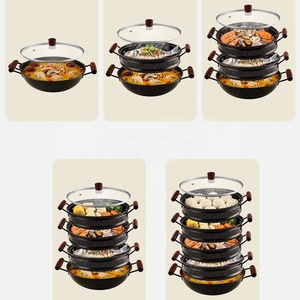Casserole vapeur à 5 étages en acier au carbone pour la cuisine, 4 niveaux, 30 cm, grande casserole vapeur pour aliments avec poignées en bois et couvercle en verre - Product Image 6