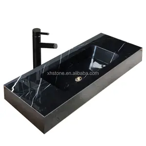 Bathroom Use Natural Black Marble Stone Carving High Polished Water Basin Washing Sink Square Trough Lavabo