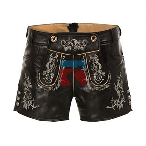 Gothic Embroidered Breathable <b>Black</b> <b>Leather</b> <b>Shorts</b> Women <b>High</b> <b>Waist</b> Skull Pattern Button Fly - Product Image 1