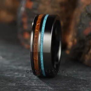 Gentdes Đồ Trang Sức 8Mm Đen Phẳng Tungsten Nhẫn Nghiền Nát Màu Ngọc Lam & Whiskey Thùng Gỗ Inlay Nhẫn Người Đàn Ông Cưới Ban Nhạc - Product Image 3