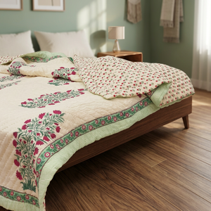 Colcha Tradicional de Jaipur con Estampado a Mano, Cubrecama, Tamaño Queen, Relleno de Algodón, Lavable, para Uso Hotelero - Product Image 3