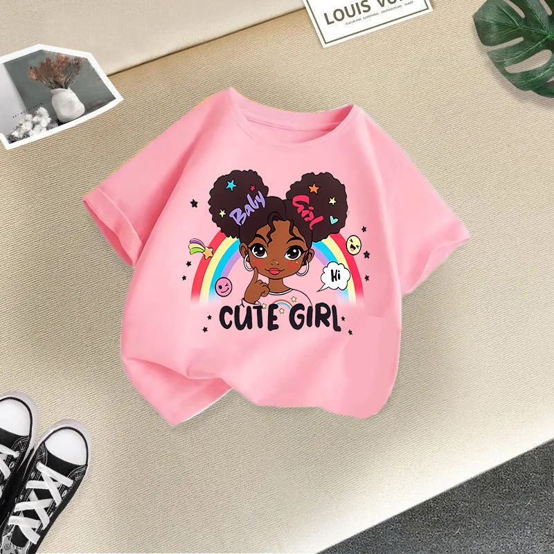 Pink rainbow little girl short sleeves
