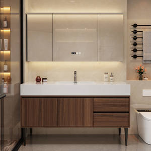 Meuble de salle de bain de style chinois, en bois massif, avec vasque intégrée en noyer et miroir, nouvelle collection - Product Image 2