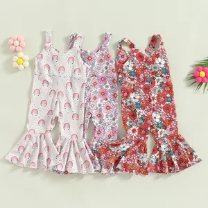 2024 Zomer 1-5y Peuter Meisje Bell Bottom Jumpsuit Playsuit Regenboog Bloemen Geribbeld Eendelig Flare Broek Baby Overalls Romper